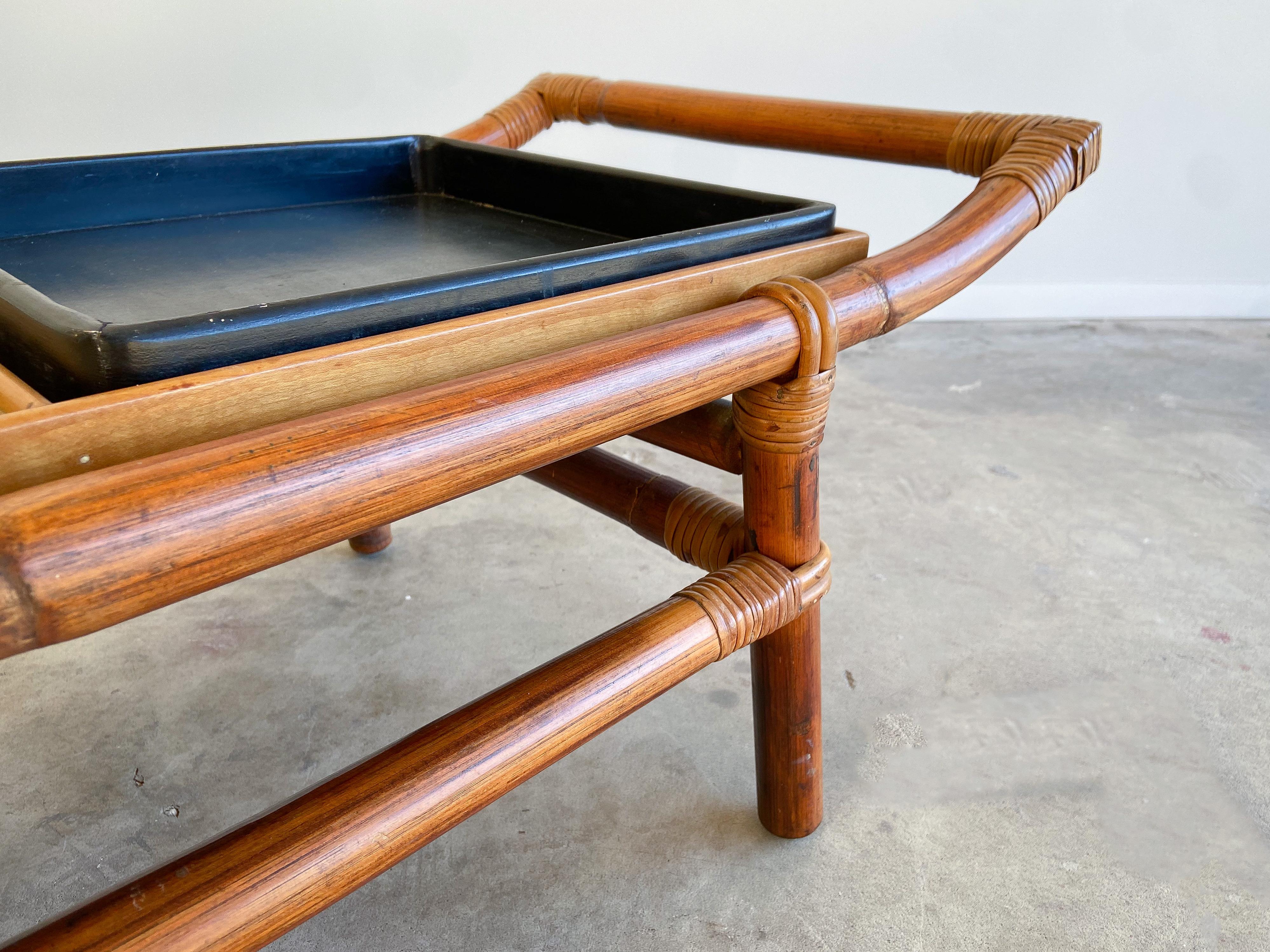 American John Wisner for Ficks Reed Pagoda Coffee Table/Bench, Bamboo and Cane, 1950's For Sale