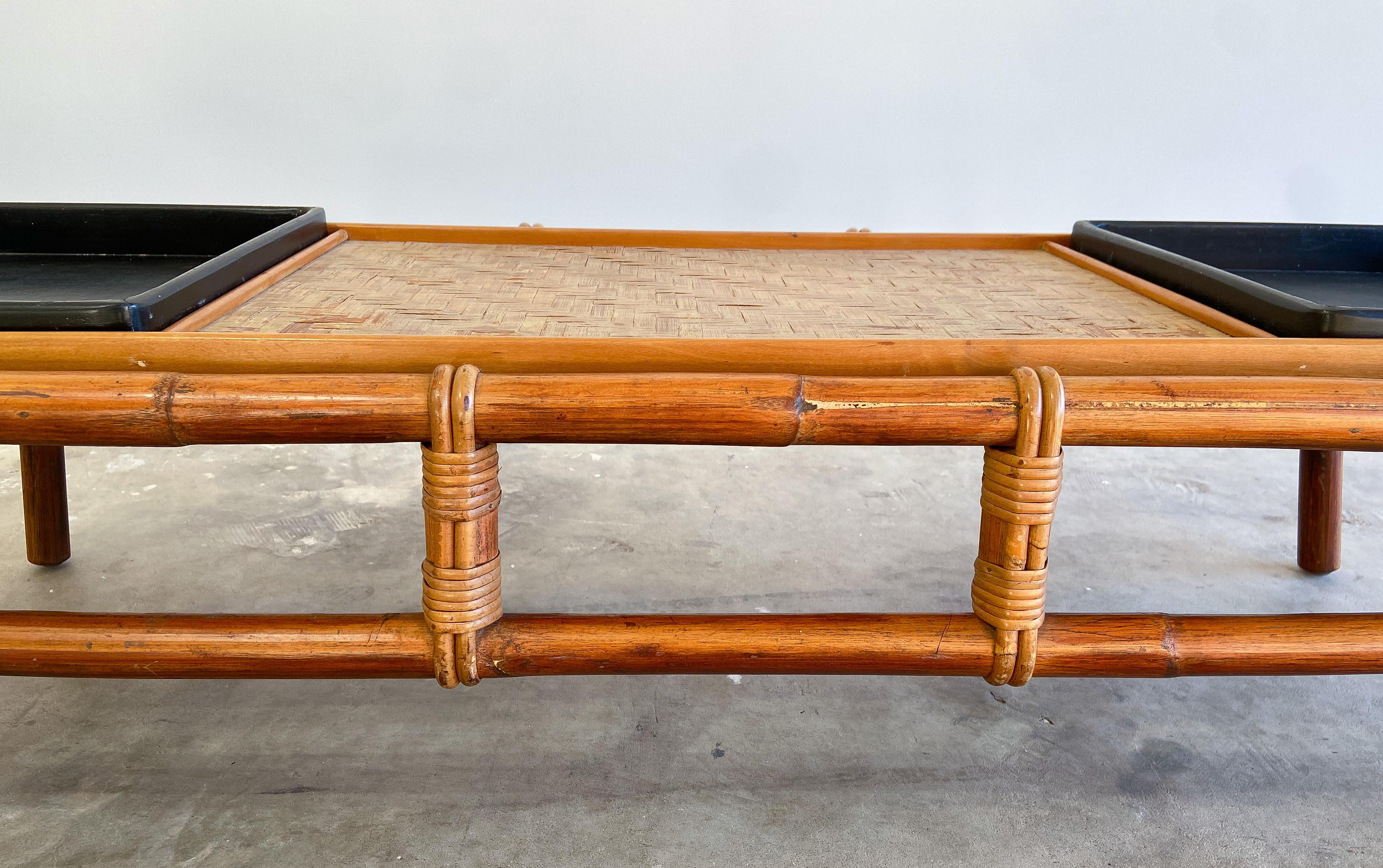John Wisner for Ficks Reed Pagoda Coffee Table/Bench, Bamboo and Cane, 1950's In Good Condition For Sale In Round Rock, TX