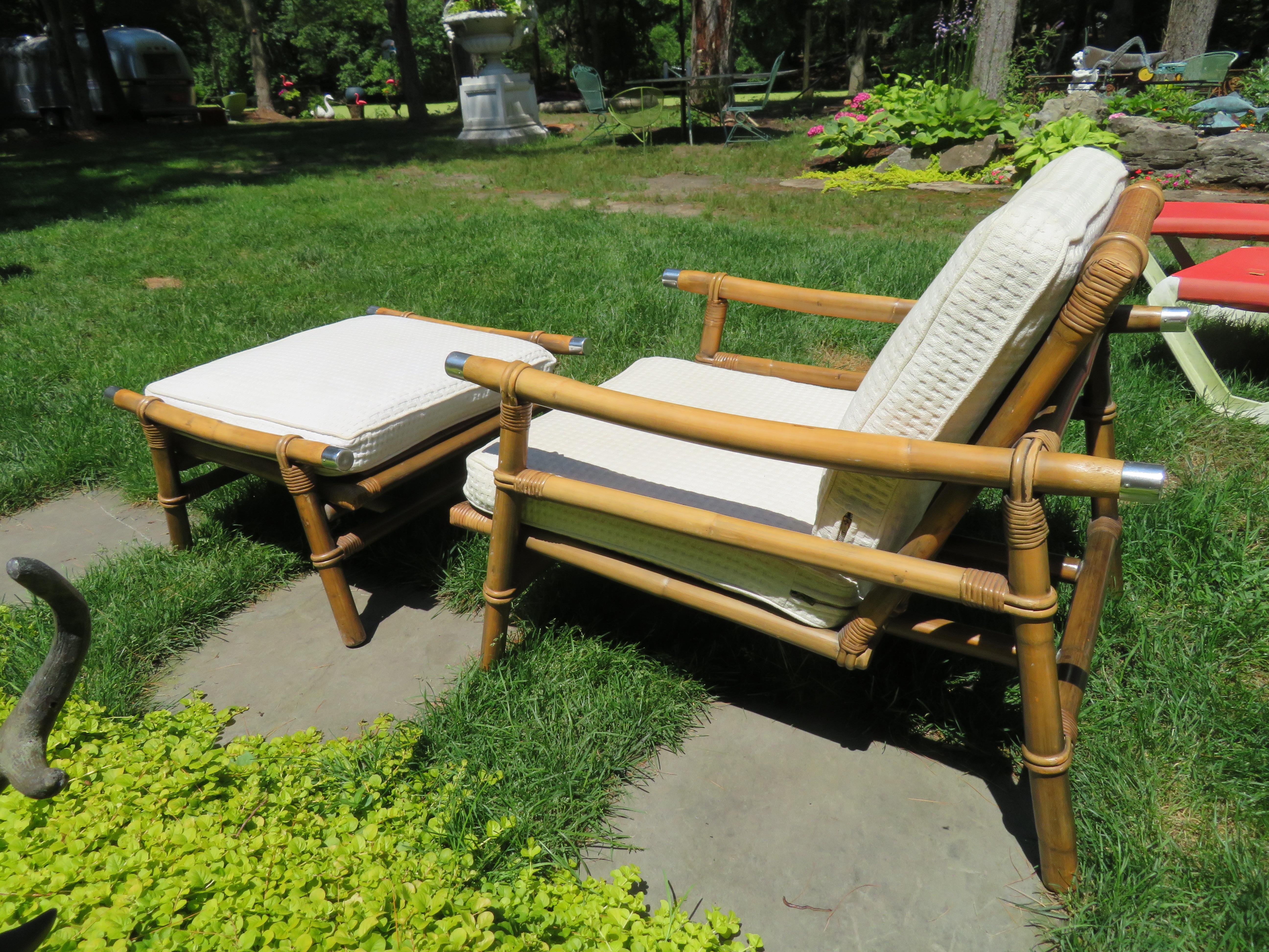 Upholstery John Wisner for Ficks Reed Rattan Campaign Lounge Chair and Ottoman Mid-Century For Sale