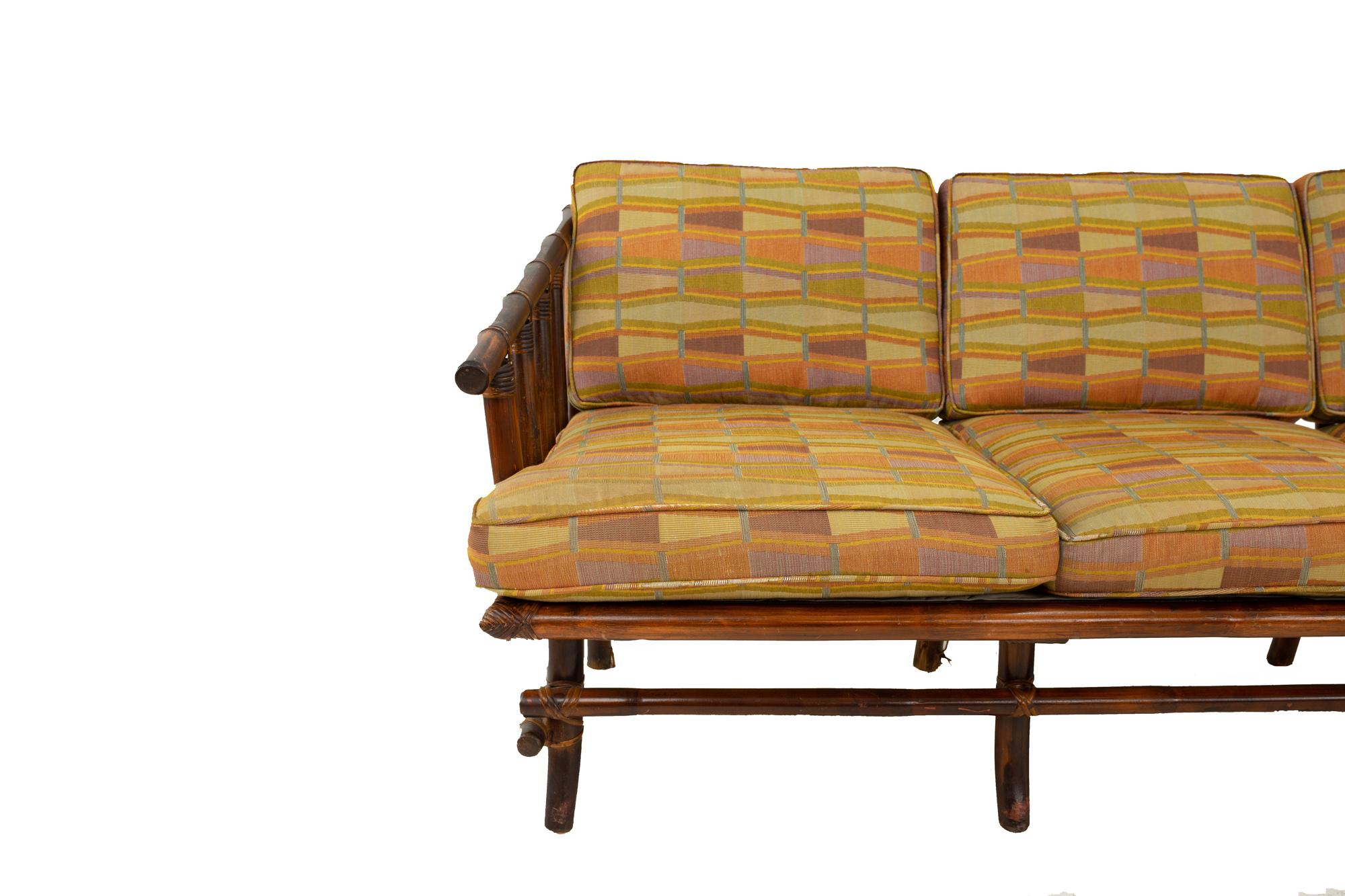 American John Wisner for Ficks Reed Style Bamboo Mid Century 3-Seat Sofa