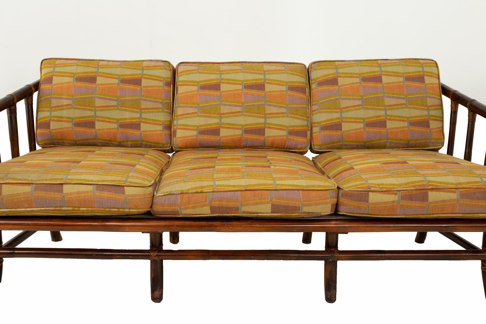 John Wisner for Ficks Reed Style Bamboo Mid Century 3-Seat Sofa In Good Condition In Countryside, IL