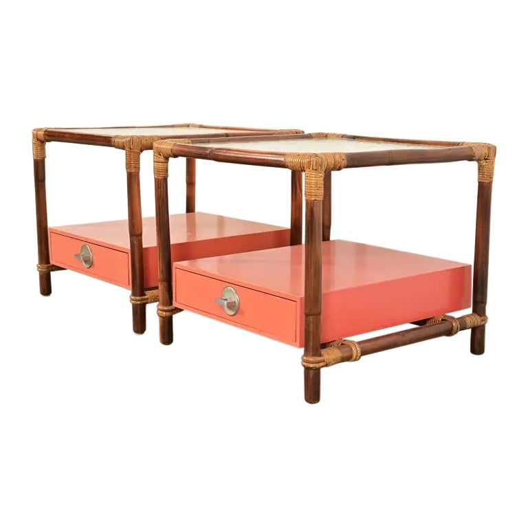 John Wisner Mid-Century Hollywood Regency Glass Top Side Tables, Pair