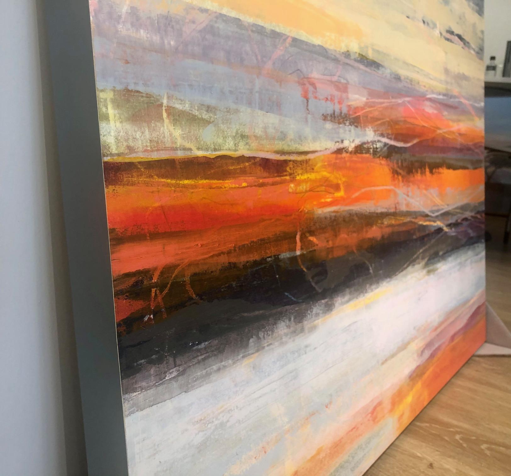 Stunning and sensitive abstract landscape oil painting created with paint and graphite on paper that has been hand mounted to a wood panel and varnished with cold wax. The effect is soft and lustrous. Colors reminiscent of early evening dazzling