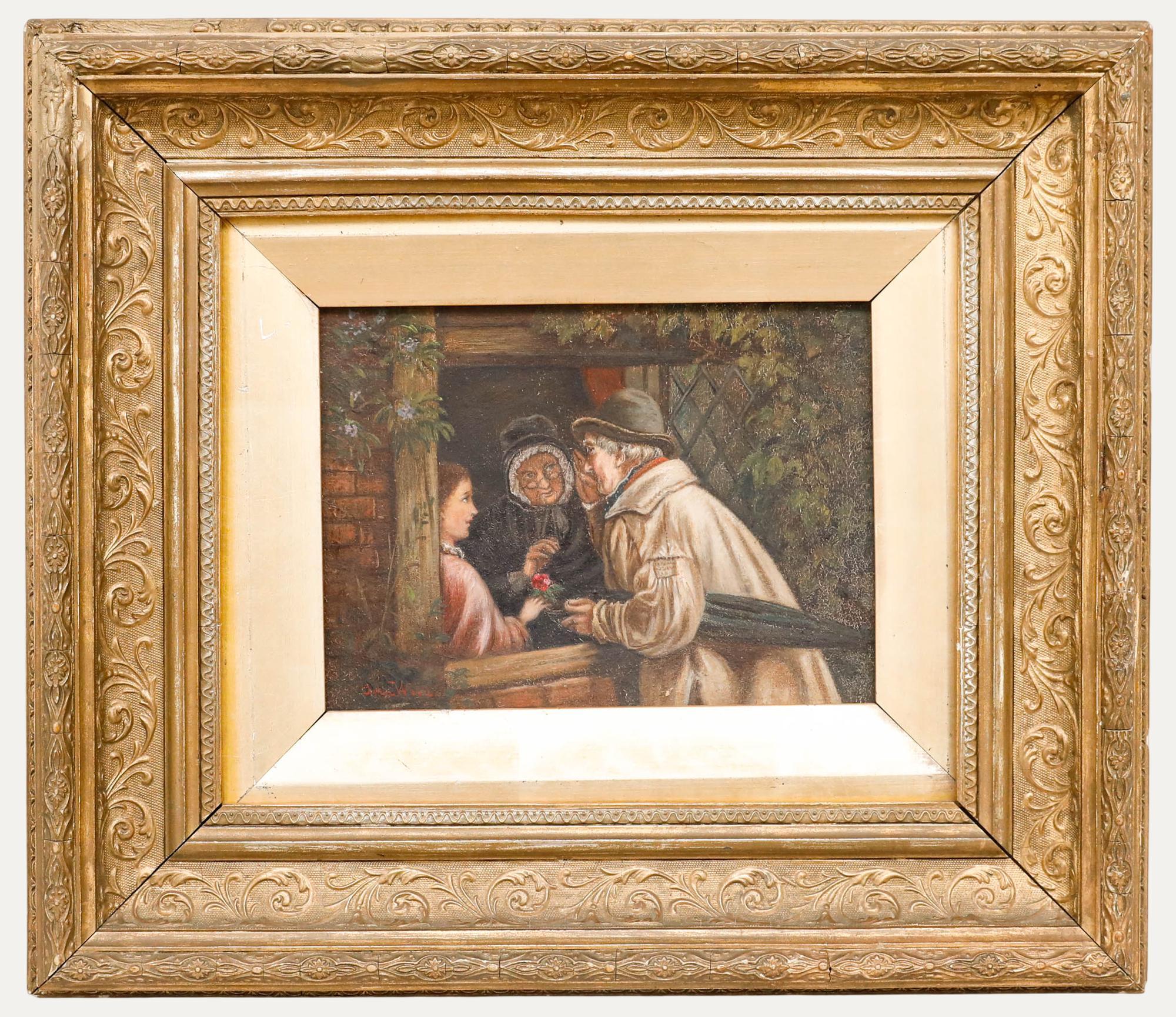 Three figures engage in hushed conversation at a window in this characterful oil painting. The man raises his hand to his mouth as if whispering, while two women listen with rapt attention. Signed to the lower left. Inscribed with the title and