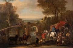 Figures and horses by a bridge in a river landscape