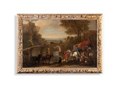 Figures and horses by a bridge in a river landscape