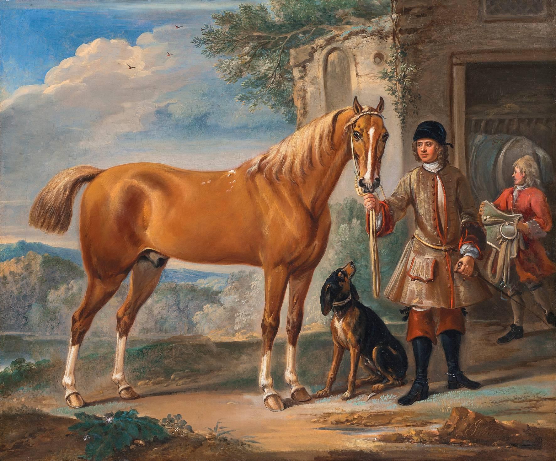 John Wootton Animal Painting - JOHN SHAFTO HOLDING A HUNTER IN A LANDSCAPE