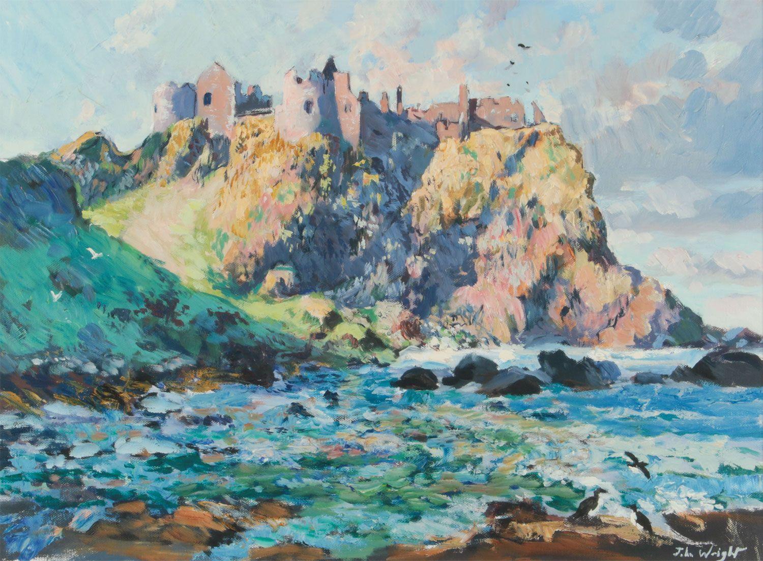 Castello medievale su una scogliera in riva al mare sulla costa nord dell'Irlanda, opera di un artista irlandese - Painting di John Wright