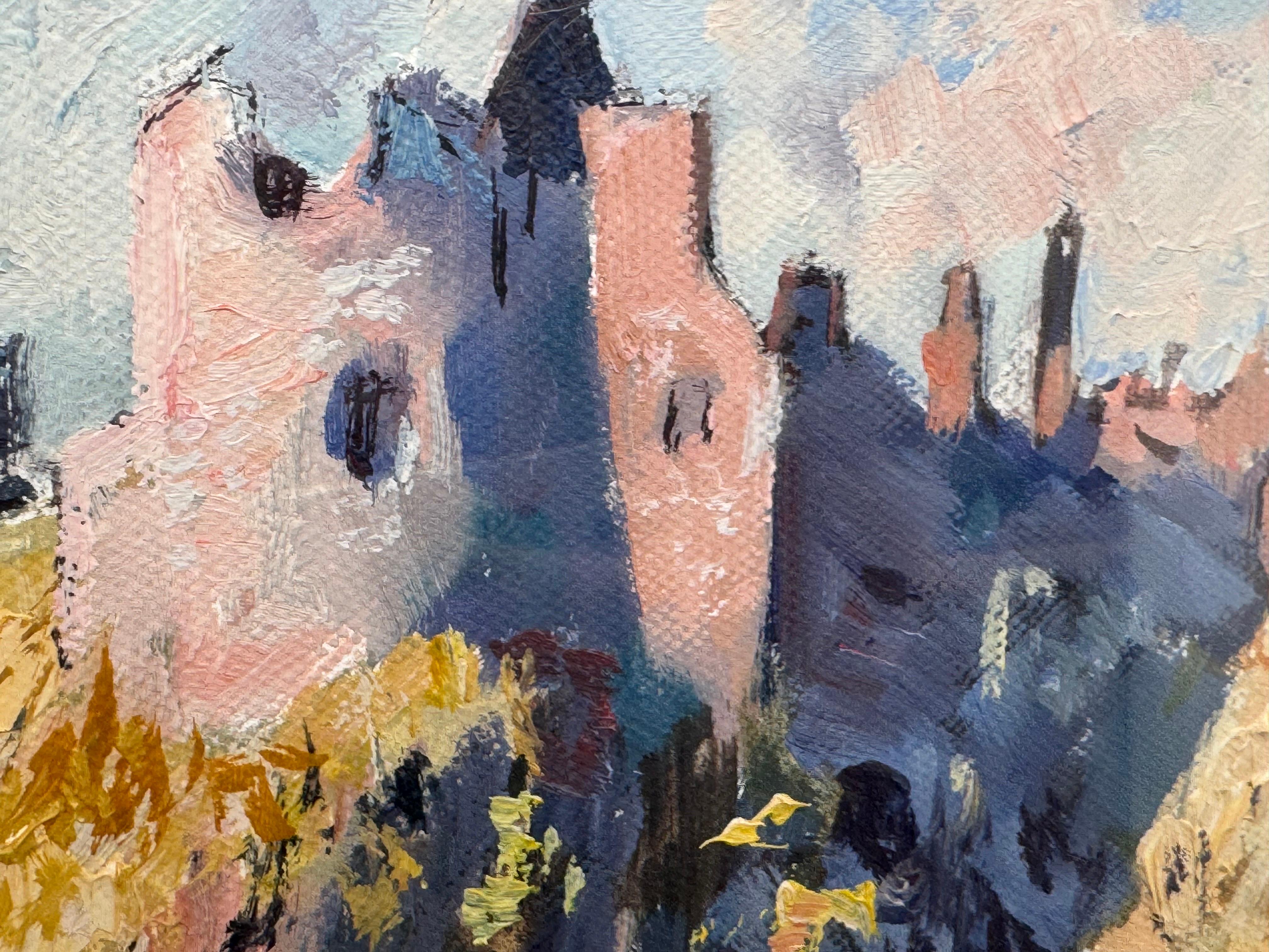 Castello medievale su una scogliera in riva al mare sulla costa nord dell'Irlanda, opera di un artista irlandese - Landscape Painting Grigio di John Wright