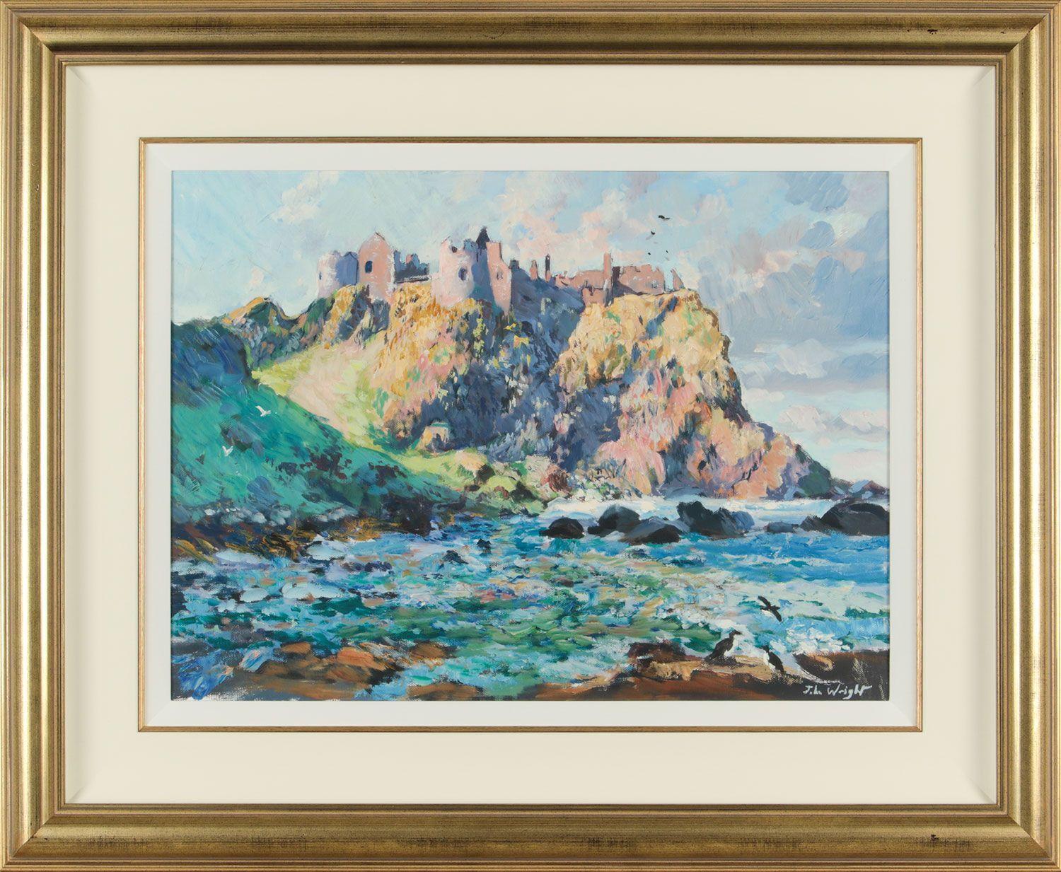 Castello medievale su una scogliera in riva al mare sulla costa nord dell'Irlanda, opera di un artista irlandese