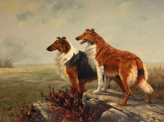 Two Collie Dogs Standing Rocky Outcrop Open Landscape Antique English Painting