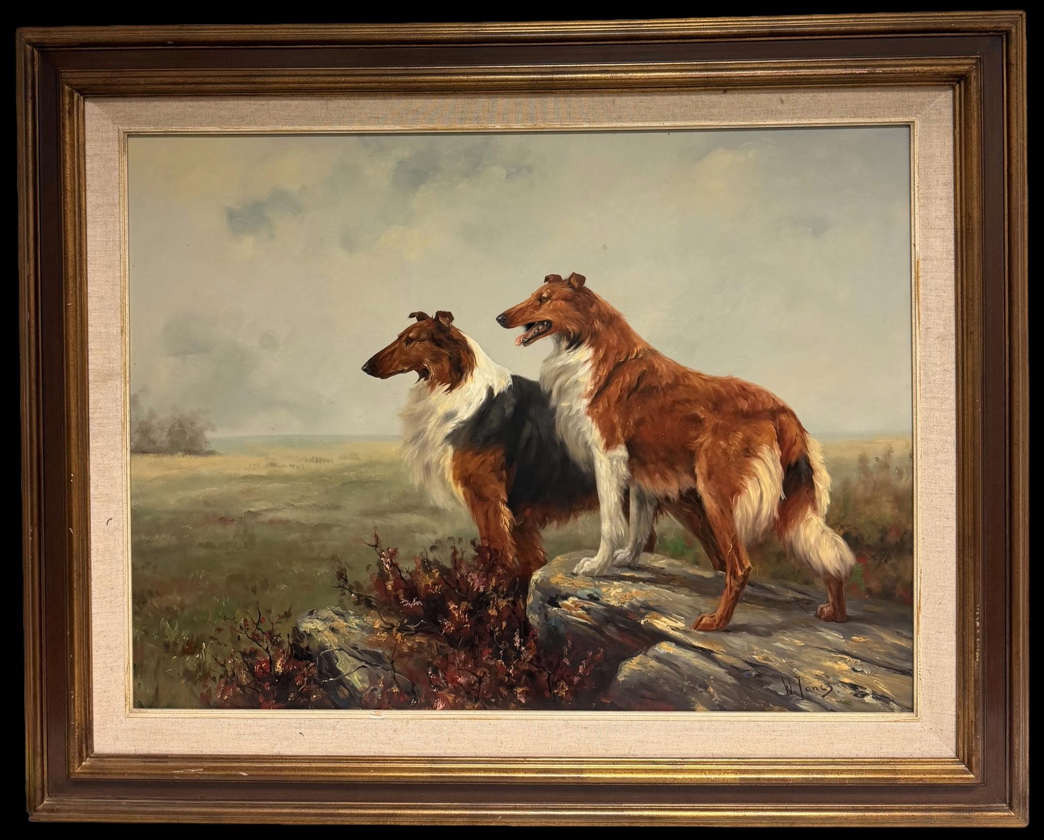 Two Collie Dogs Standing Rocky Outcrop Open Landscape Antique English Painting