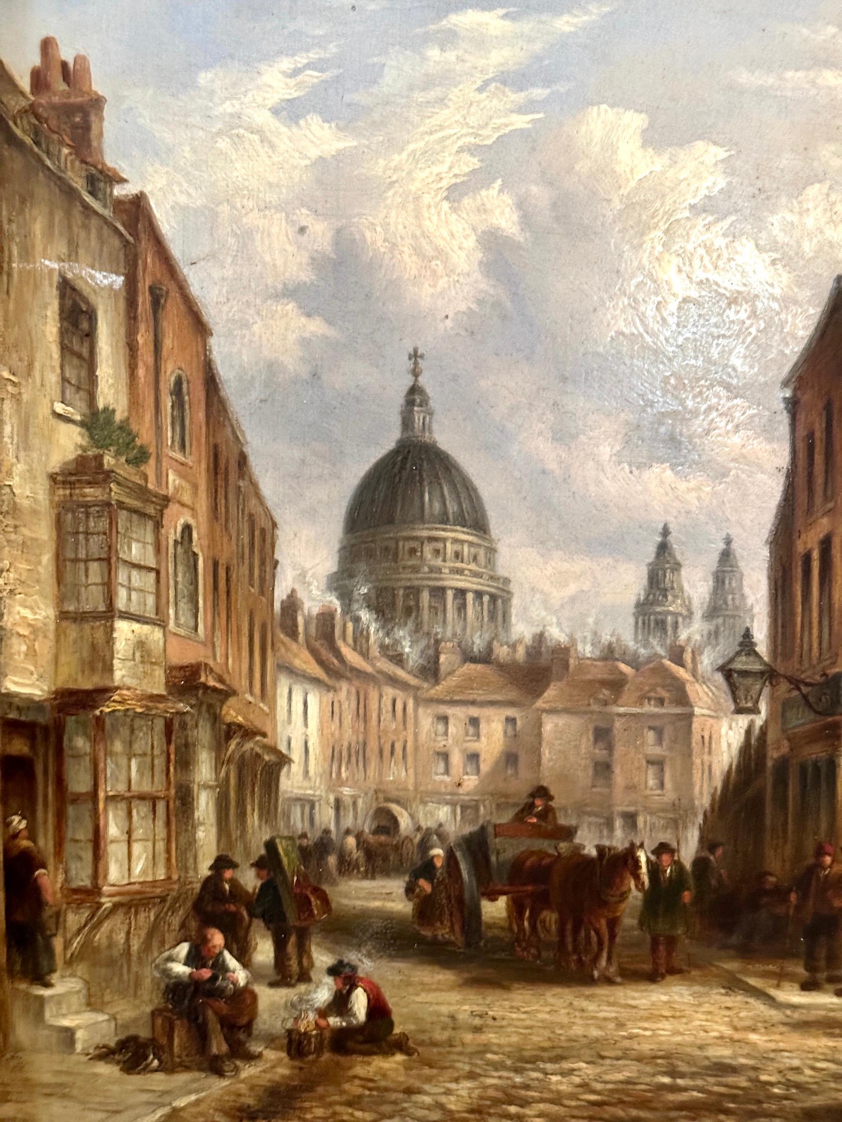 vue de la ville de Londres du 19e siècle depuis Fleet Street avec St.Pauls et personnages de magasins - Painting de  John Wykeham Archer