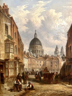 19th century City view of London from Fleet Street with St.Pauls, shops figures
