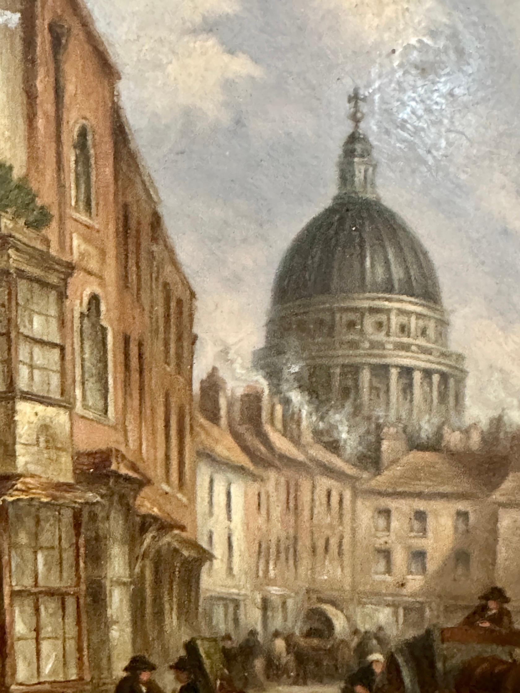 vue de la ville de Londres du 19e siècle depuis Fleet Street avec St.Pauls et personnages de magasins - Victorien Painting par  John Wykeham Archer