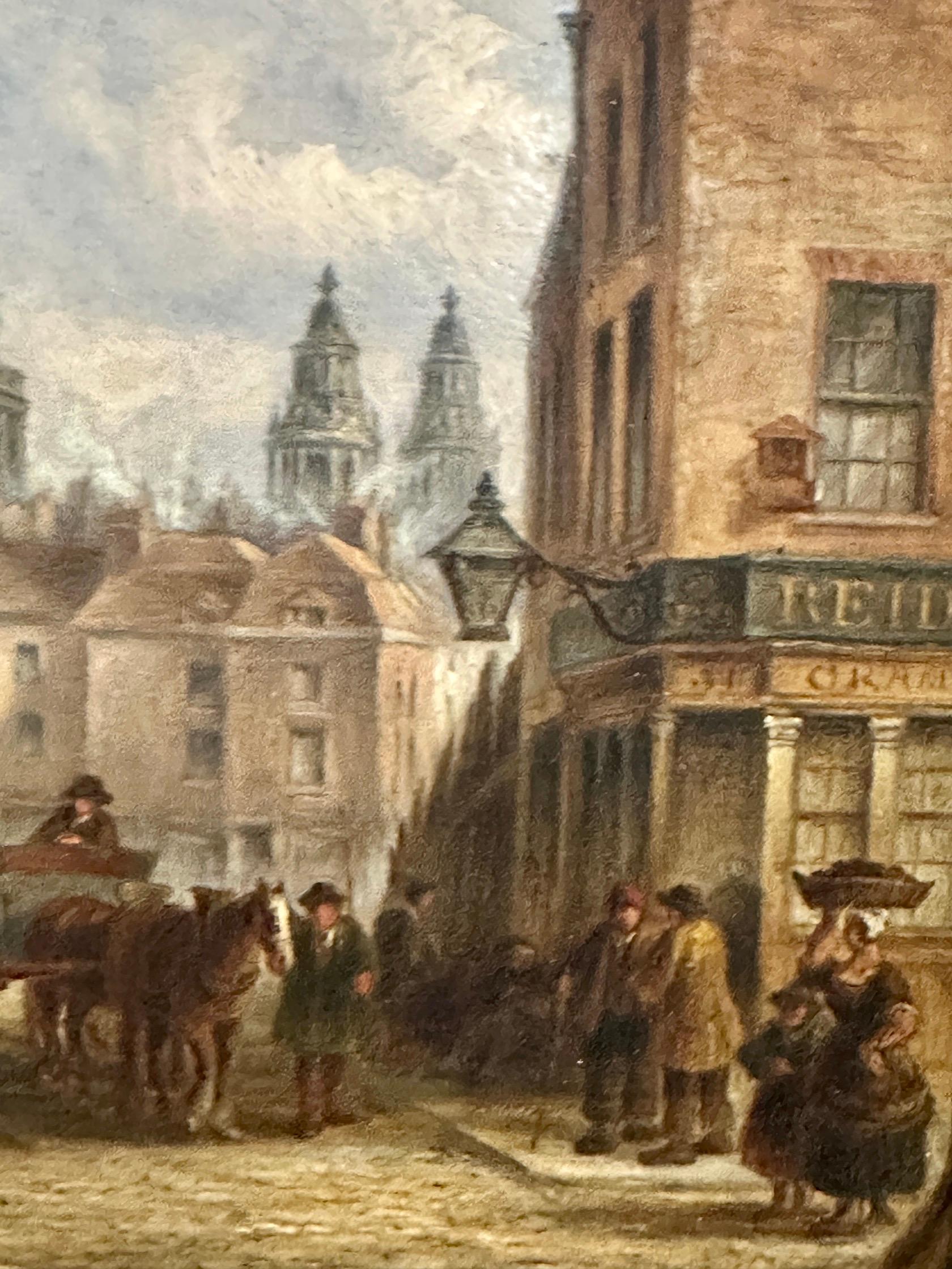 vue de la ville de Londres du 19e siècle depuis Fleet Street avec St.Pauls et personnages de magasins - Marron Landscape Painting par  John Wykeham Archer
