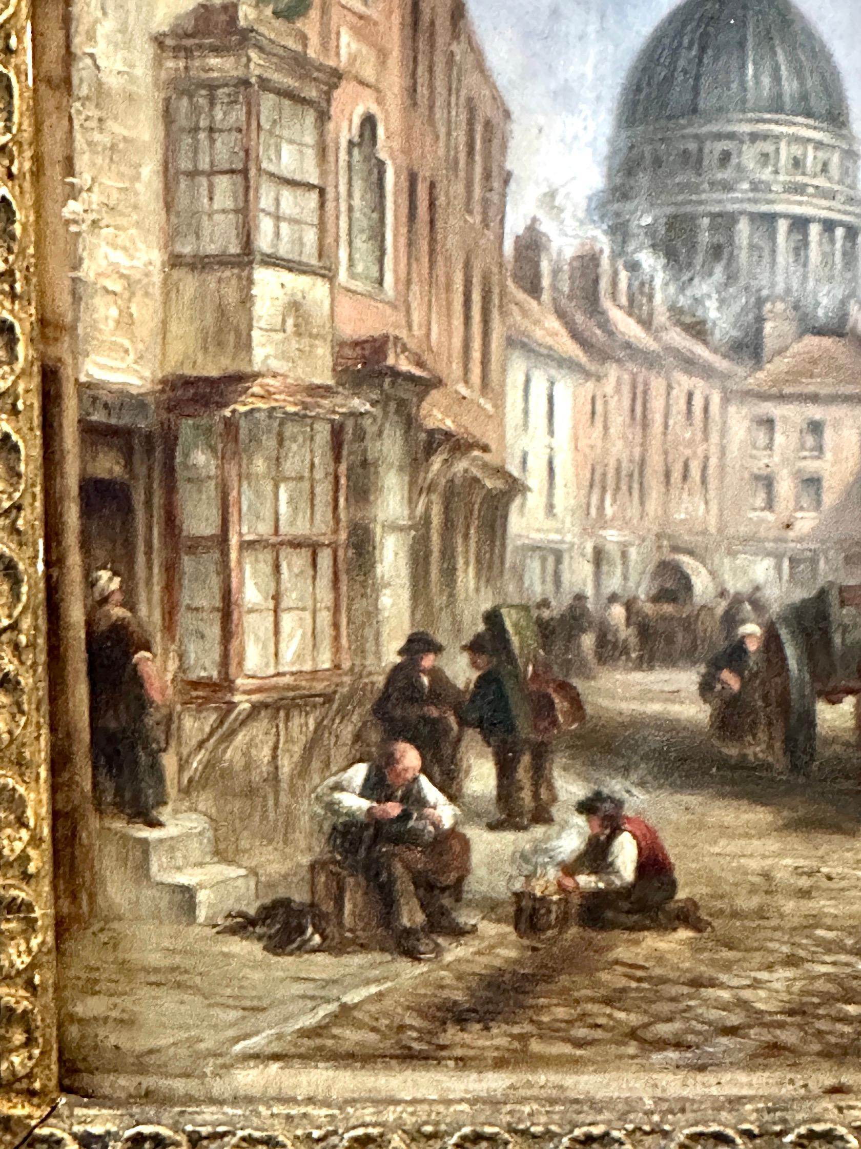 19th century City view of London from Fleet Street with St.Pauls, shops figures - Brown Landscape Painting by  John Wykeham Archer