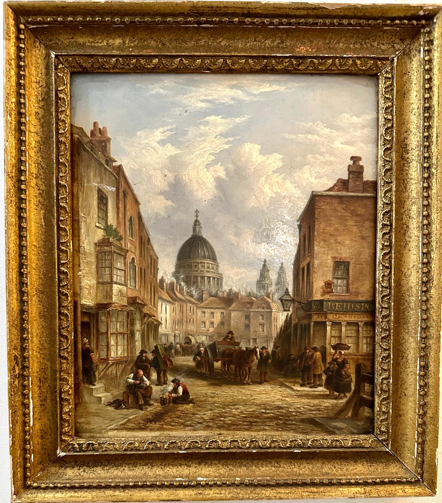 Landscape Painting  John Wykeham Archer - vue de la ville de Londres du 19e siècle depuis Fleet Street avec St.Pauls et personnages de magasins
