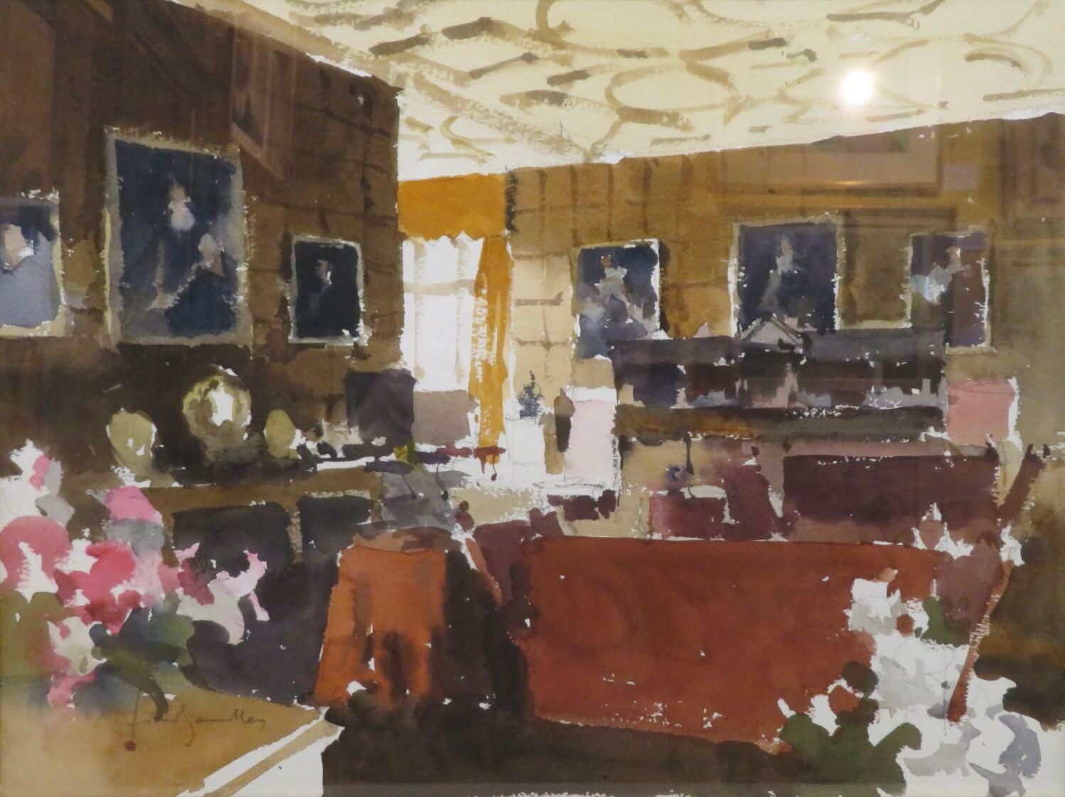 Acuarela original post impresionista inglesa de una escena interior - Painting Posimpresionista de John Yardley 