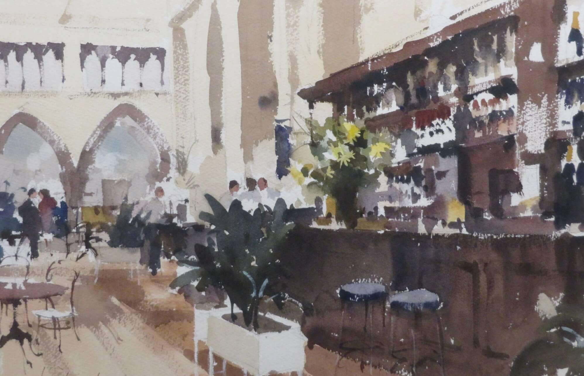 Originale scena di John Cafe, acquerello impressionista di John Yardley (1933). in vendita 1
