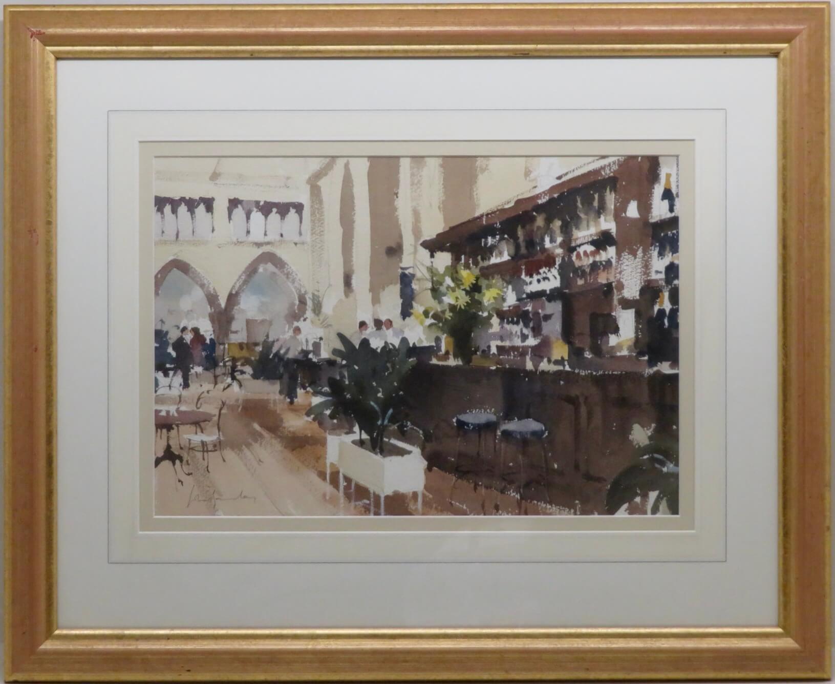 ARTISTA: John Yardley R.I. (1933-) Britannico  
TITOLO: "Scena d'interni di un caffè ristorante" (probabilmente Francia)
FIRMATO: in basso a destra 
MEDIO: acquerello su carta 
DIMENSIONE: 69 cm x 58 cm 
CONDIZIONE: Eccellente - si prega di notare