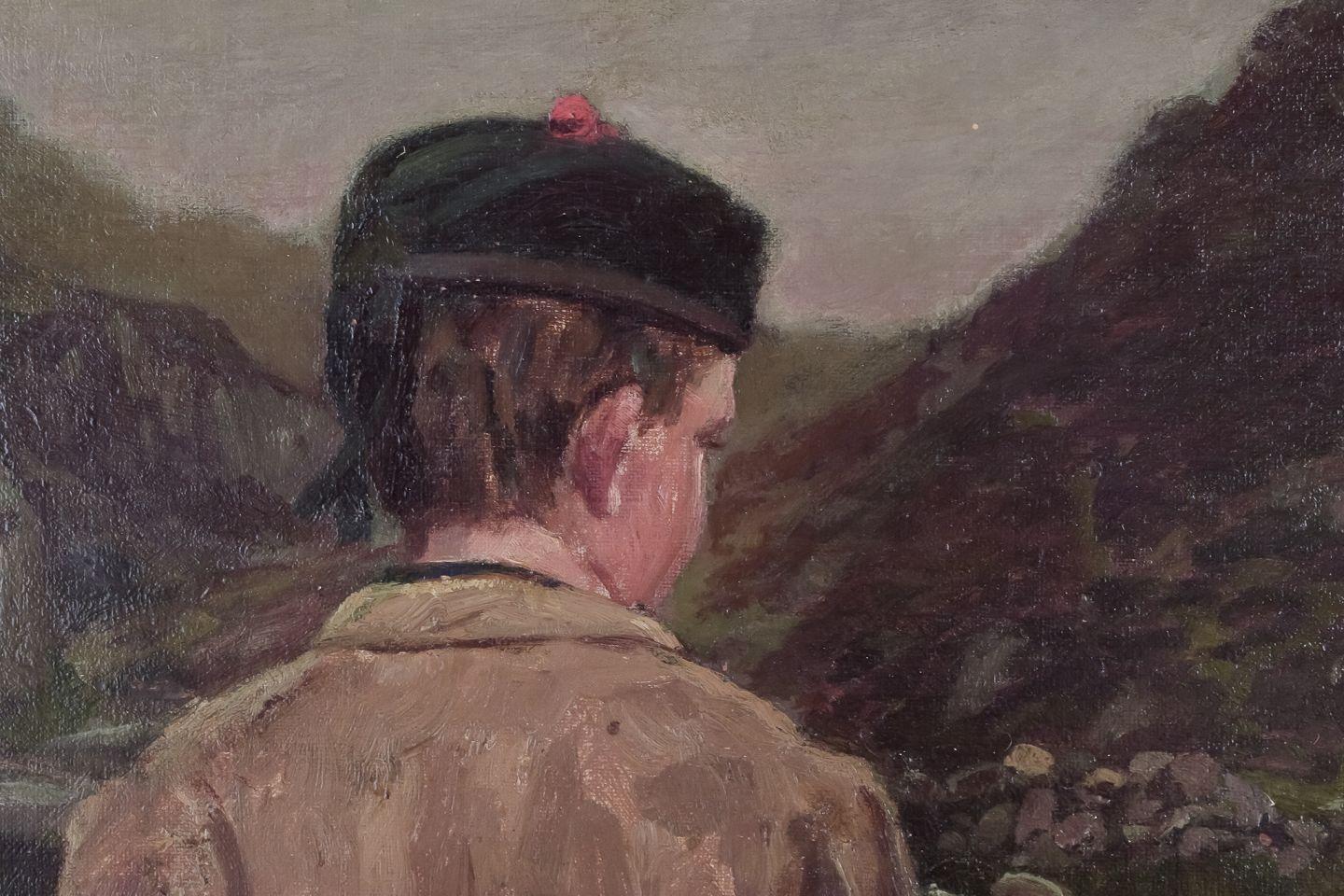 John Yeend King, pintor británico bien considerado. Óleo sobre lienzo. Dos chicos pescando. en Excelente estado para la venta en København, Copenhagen