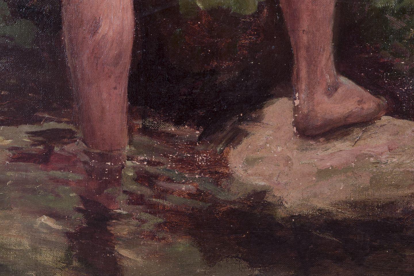 John Yeend King, pintor británico bien considerado. Óleo sobre lienzo. Dos chicos pescando. Lienzo en venta
