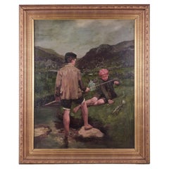 John Yeend King, well-listed British painter. Oil on canvas. Two boys fishing.