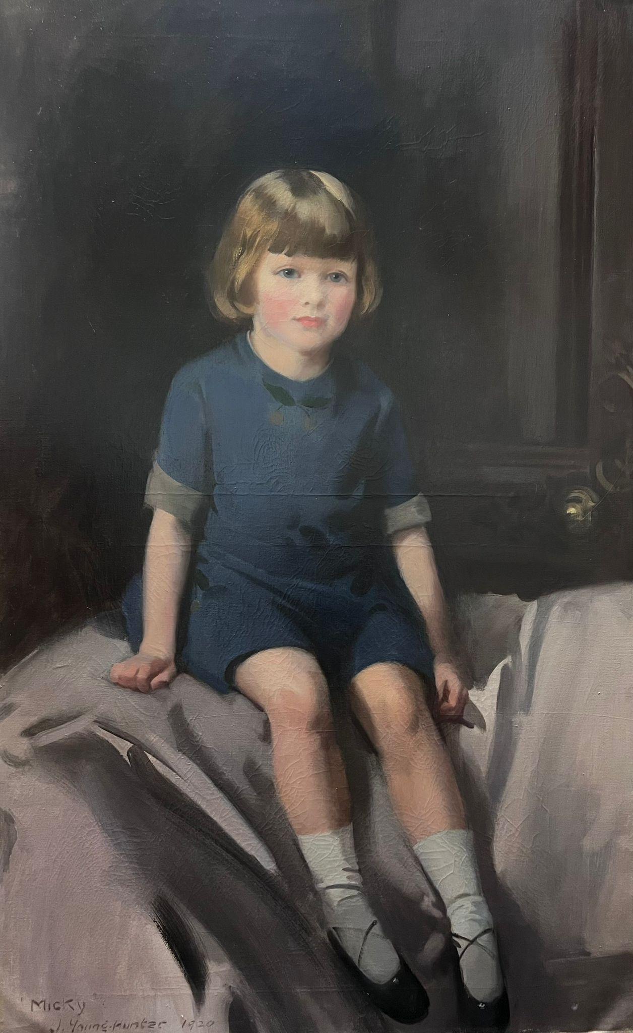 Huge 1920's British Portrait of Young Girl in Interior Signed & Dated Oil Paint - Painting by John Young-Hunter