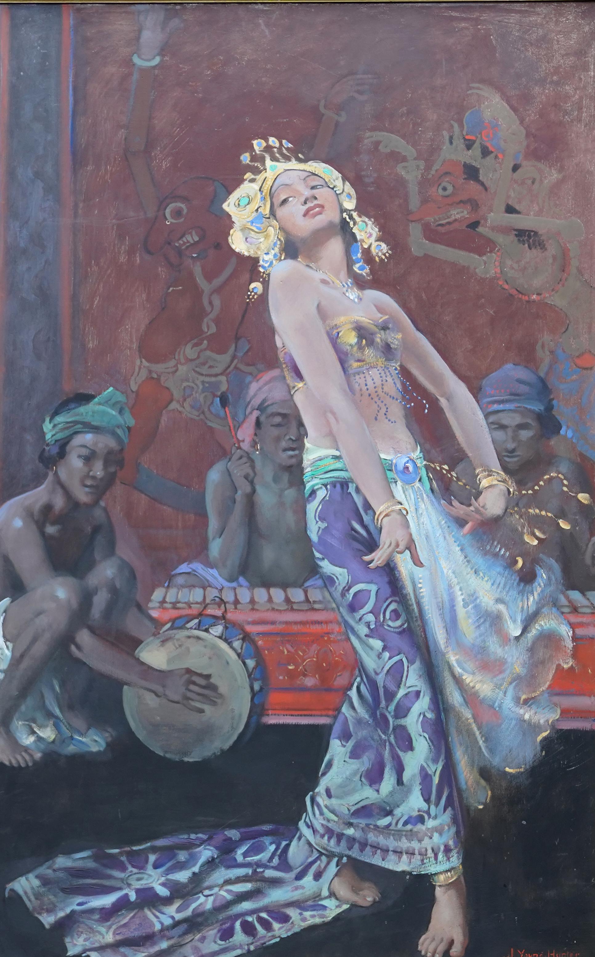 Bailarina balinesa - Pintura al óleo retrato de arte británico años 20 Músico Música Danza en venta 10