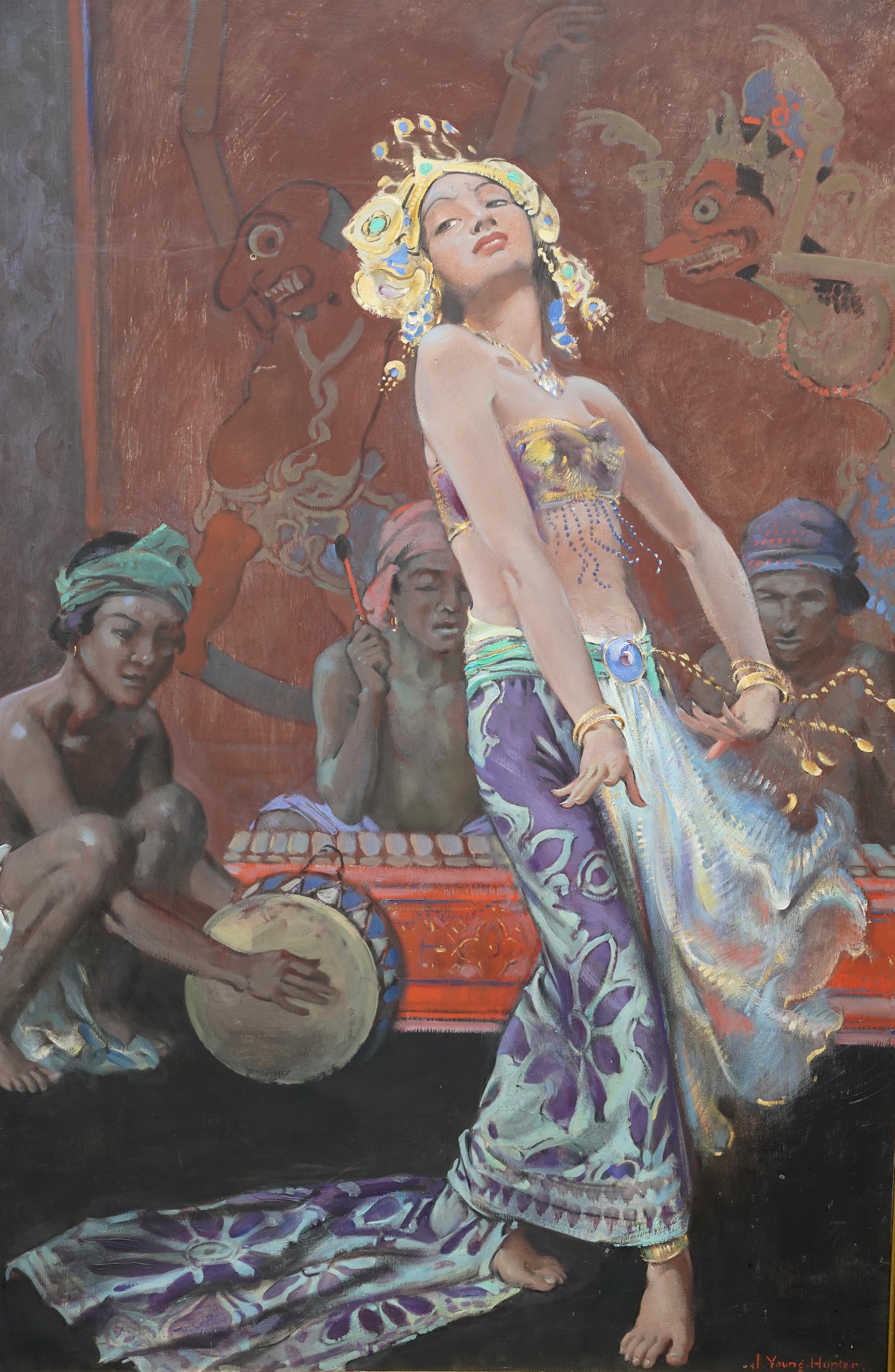 Bailarina balinesa - Pintura al óleo retrato de arte británico años 20 Músico Música Danza - Painting Art Decó de John Young Hunter