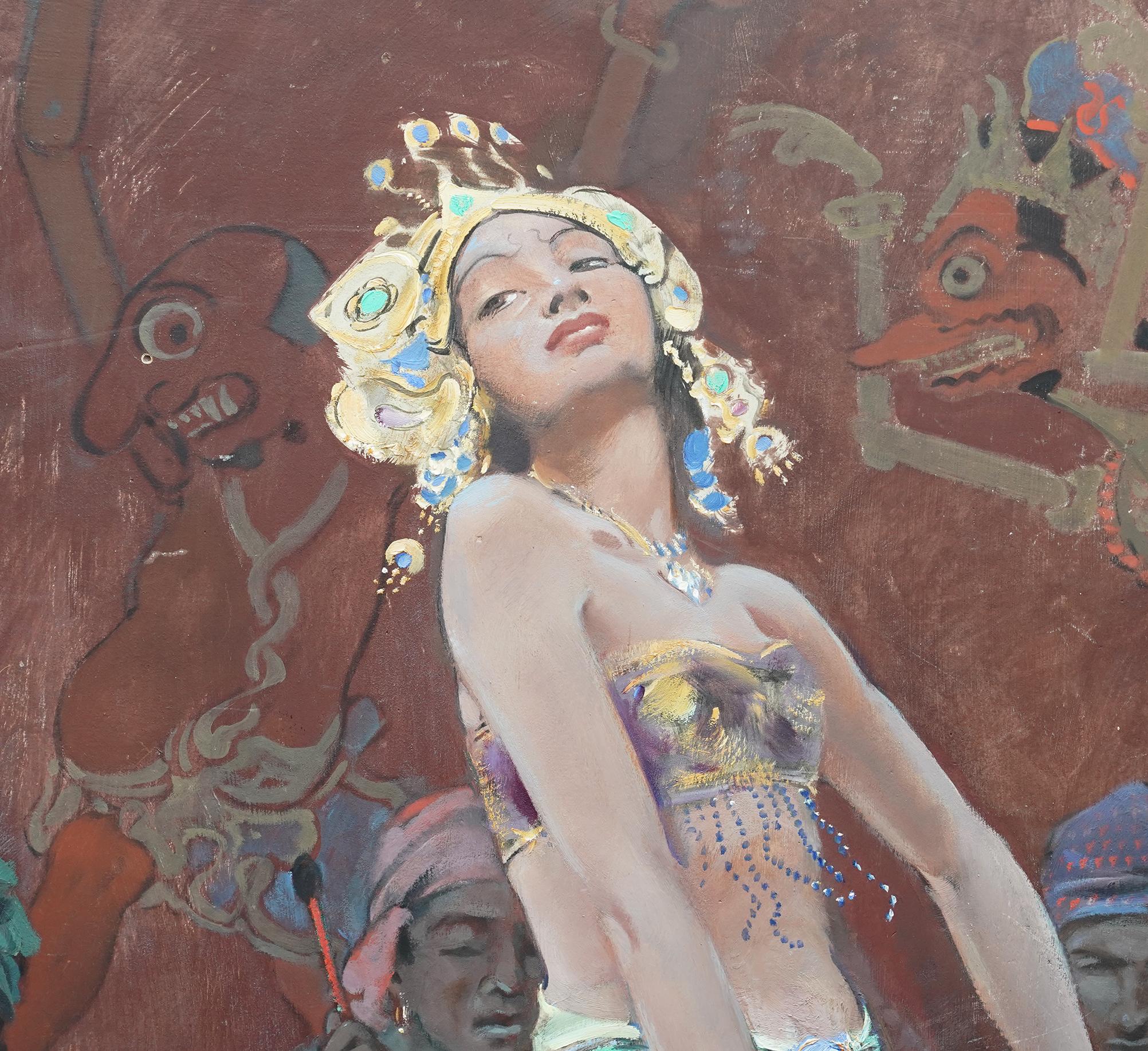 Este impresionante óleo al temple sobre tabla británico de 1920 es obra del célebre artista John Young Hunter. Fue pintado hacia 1927 y la composición es un retrato de cuerpo entero de una bella bailarina balinesa bailando, con tres músicos