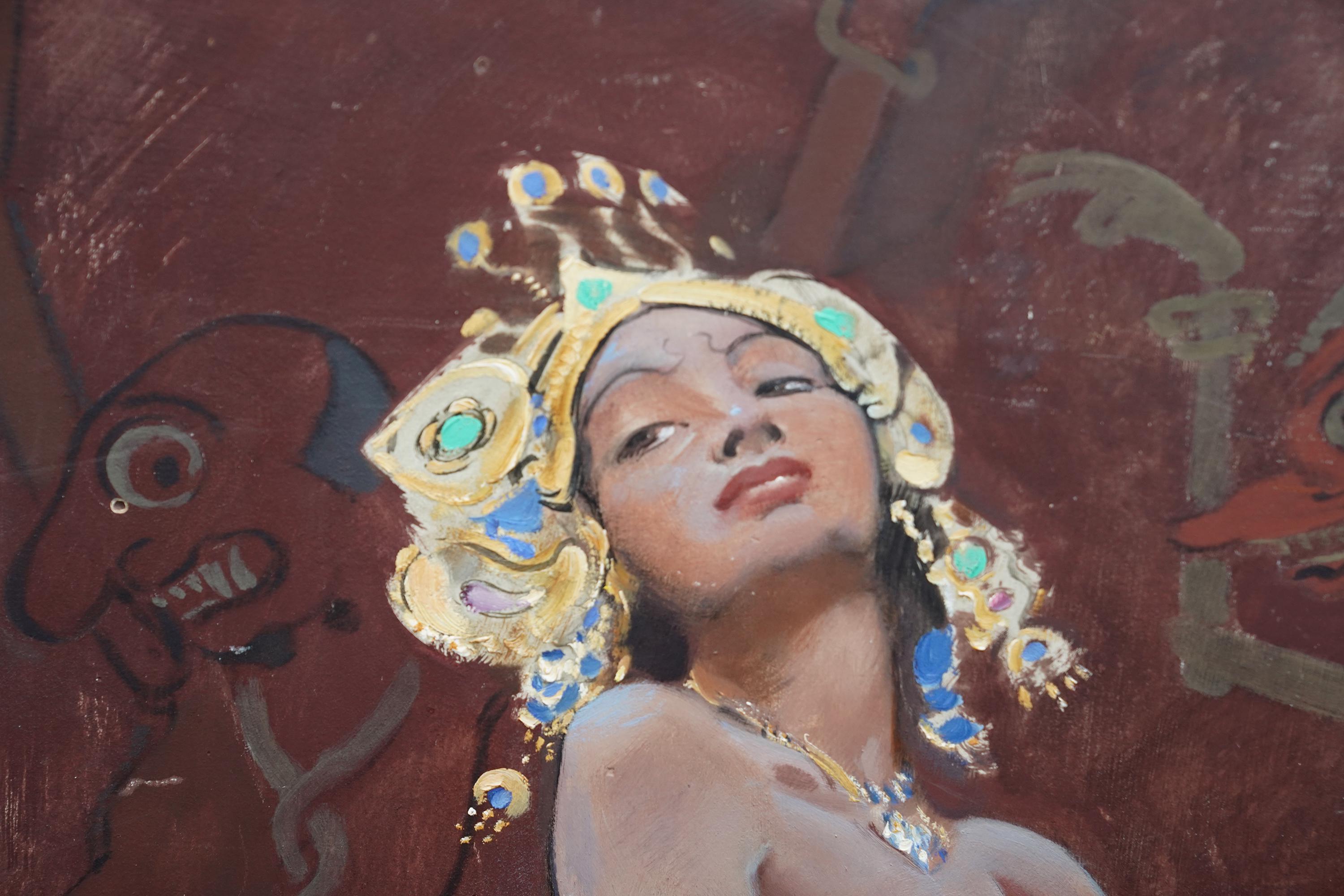 Bailarina balinesa - Pintura al óleo retrato de arte británico años 20 Músico Música Danza en venta 1