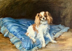 Fine Antique British Dog Oil Painting King Charles Cavalier Spaniel blue cushion