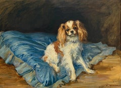 Fine Antique British Dog Oil Painting King Charles Cavalier Spaniel coussin bleu