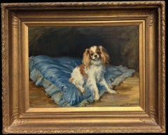 Fine Antique British Dog Oil Painting King Charles Cavalier Spaniel coussin bleu