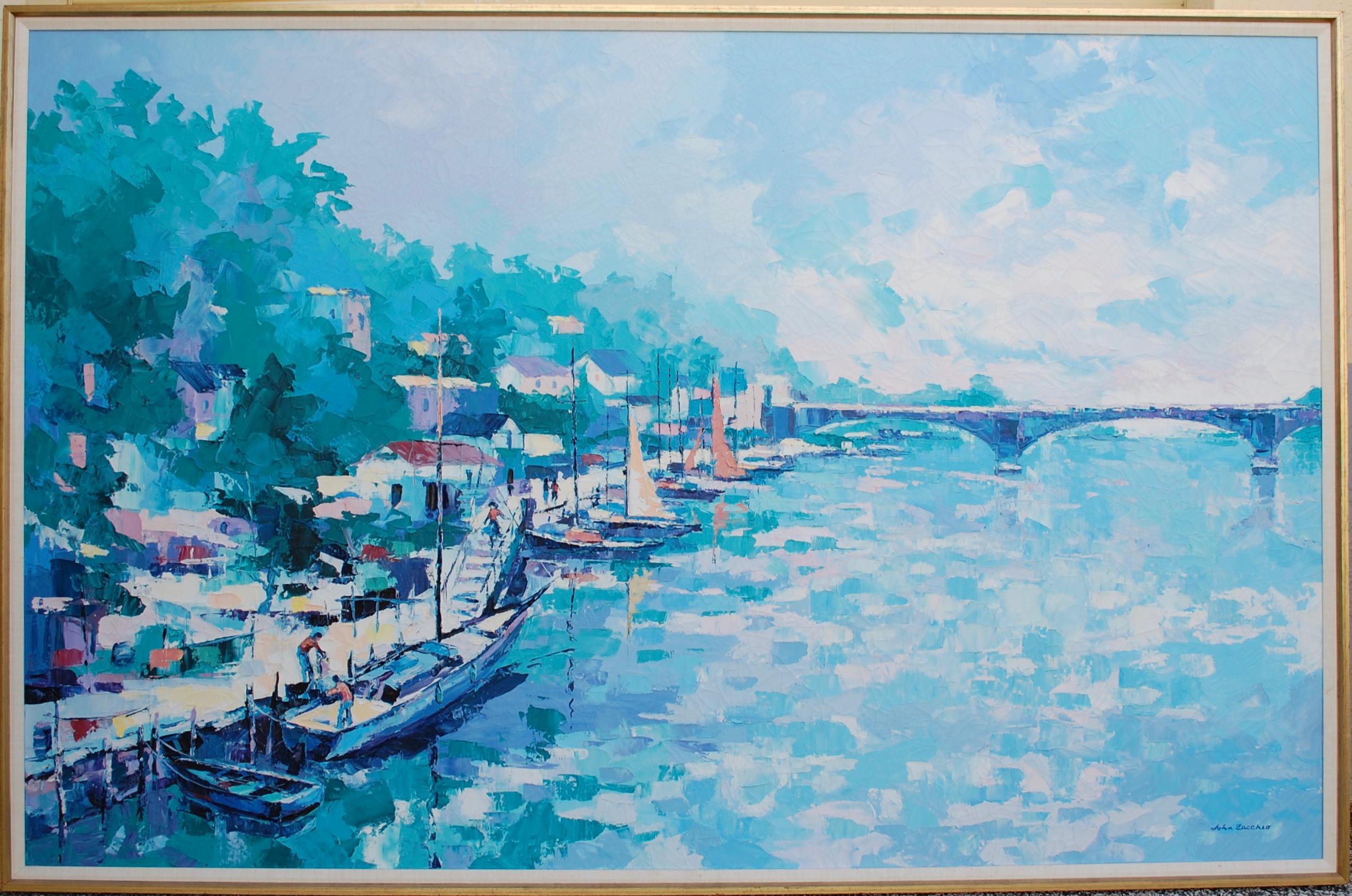 View Of The Mediterranean Seacoast Large Oil Painting
Artist signed lower left corner.
John Zaccheo, known for his exquisite portraits and vibrant paintings of Mediterranean seascapes as well as alluring flowering gardens and country settings is a