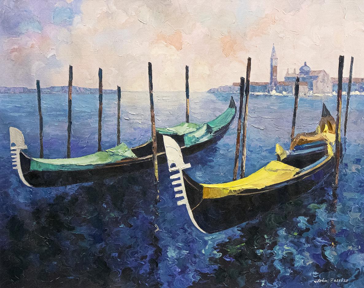John Zaccheo Landscape Print - "Gondolas" Giclee Print on Canvas. Signed by the Artist. 