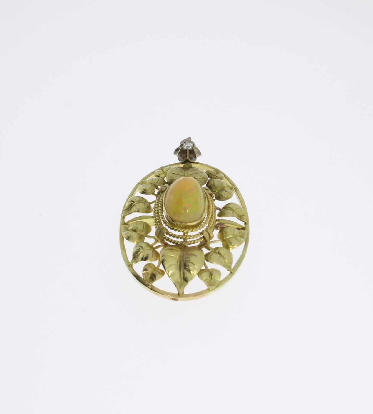 Cabochon John Zerano Art Nouveau Opal Pendant with 14 K Yellow Gold Chain For Sale