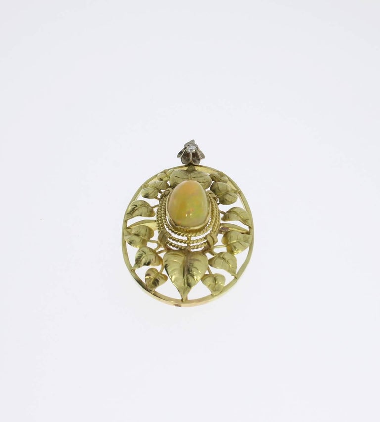 Women's John Zerano Art Nouveau Opal Pendant with 14 K Yellow Gold Chain For Sale