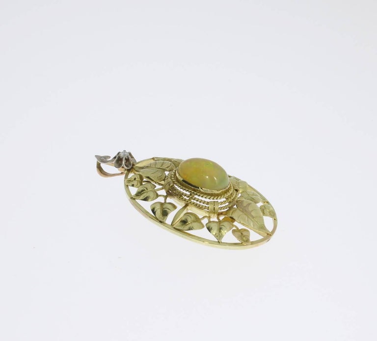 John Zerano Art Nouveau Opal Pendant with 14 K Yellow Gold Chain For Sale 1