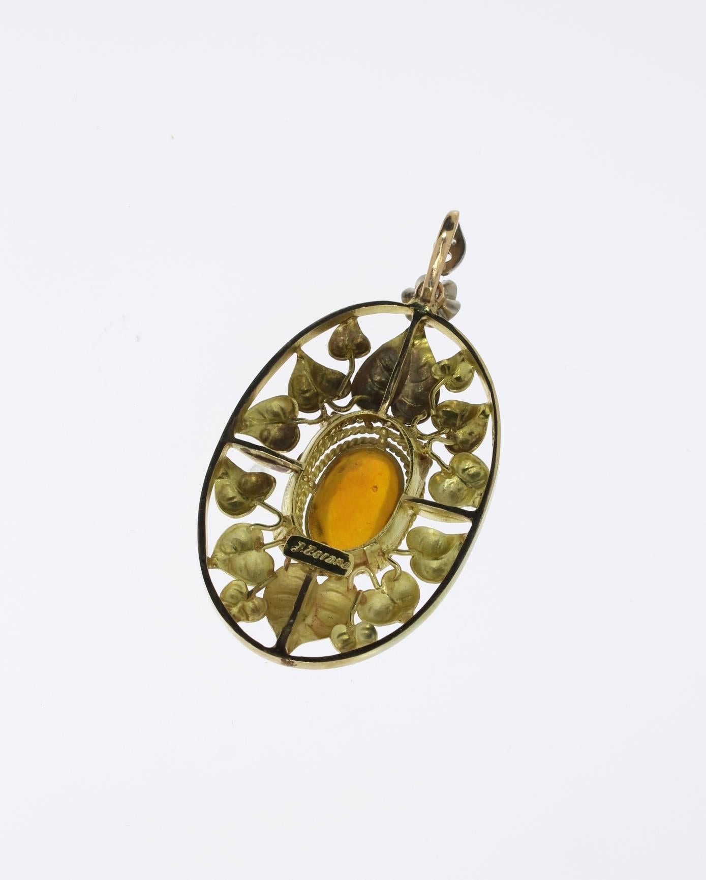 Women's John Zerano Art Nouveau Opal Pendant with 14 K Yellow Gold Chain For Sale