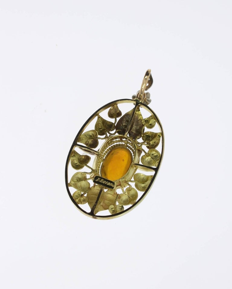 John Zerano Art Nouveau Opal Pendant with 14 K Yellow Gold Chain For Sale 2