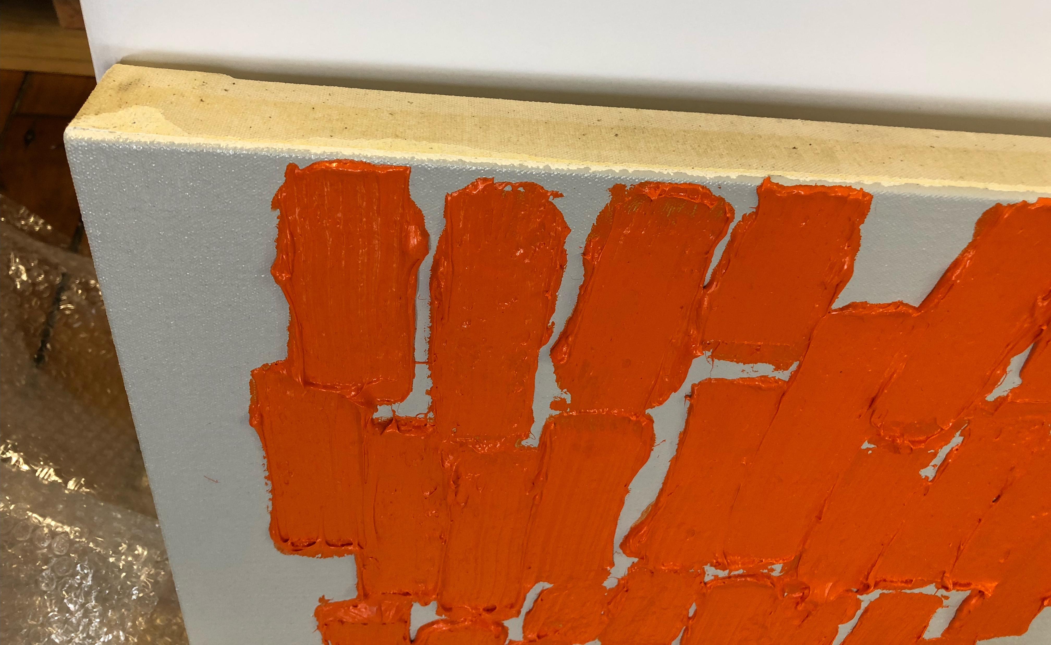 Visible Things is a striking work in rich orange by highly respected abstract artist John Zinsser. The pasto and thickness of the paint is sculptural in feel.  Zinsser paints his works on high quality stretchers and in a way that no frame is