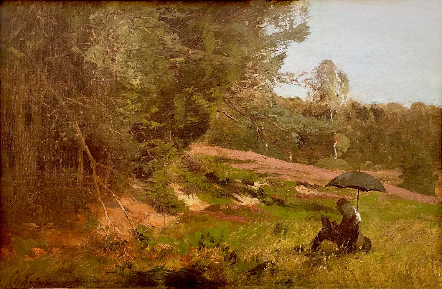 Landscape Painting Johnann Christian Kroner - The Artist at Work, peinture de paysage à l'huile allemande du XIXe siècle