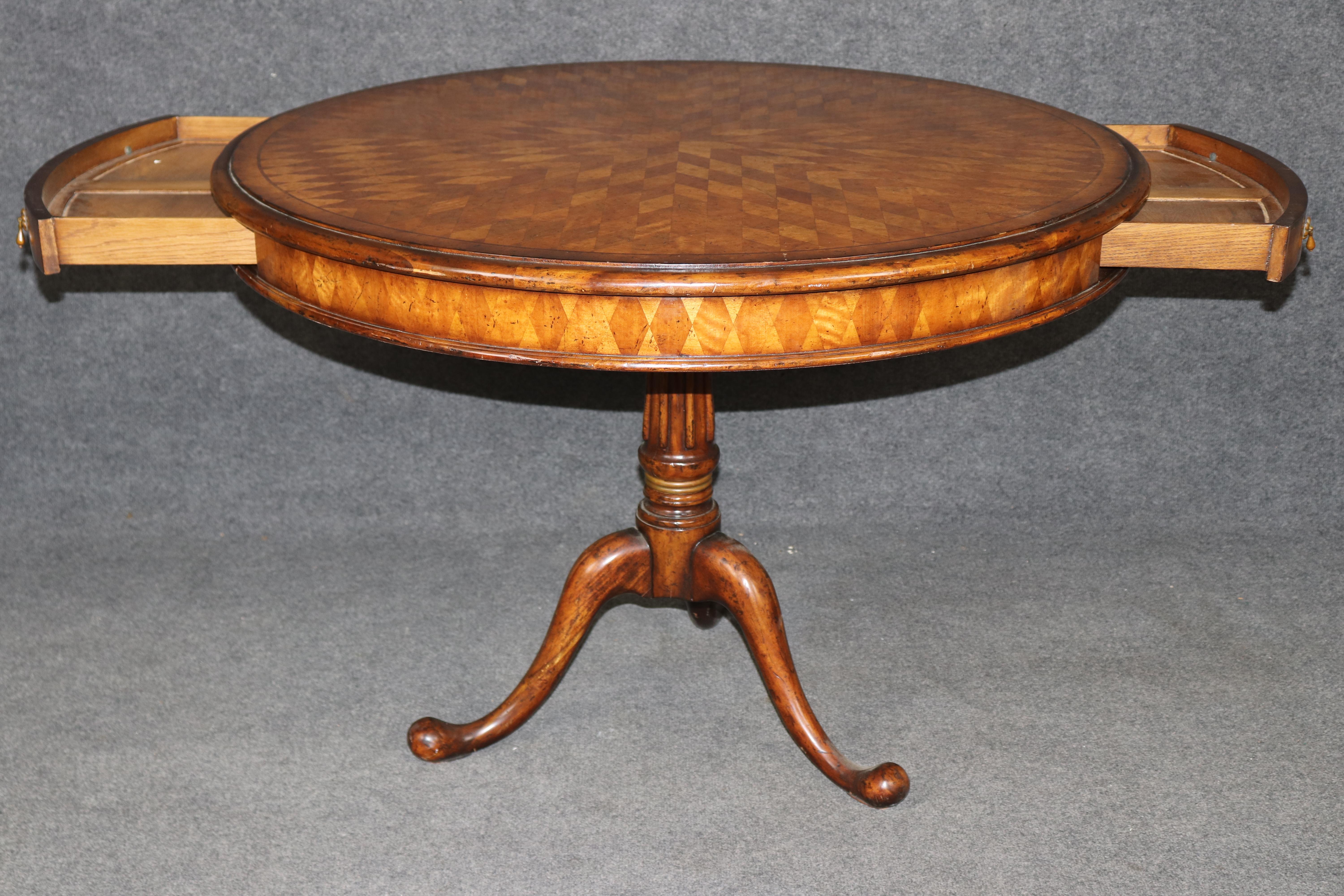 Metal Johnathan Charles English Walnut Parquetry Center Table For Sale