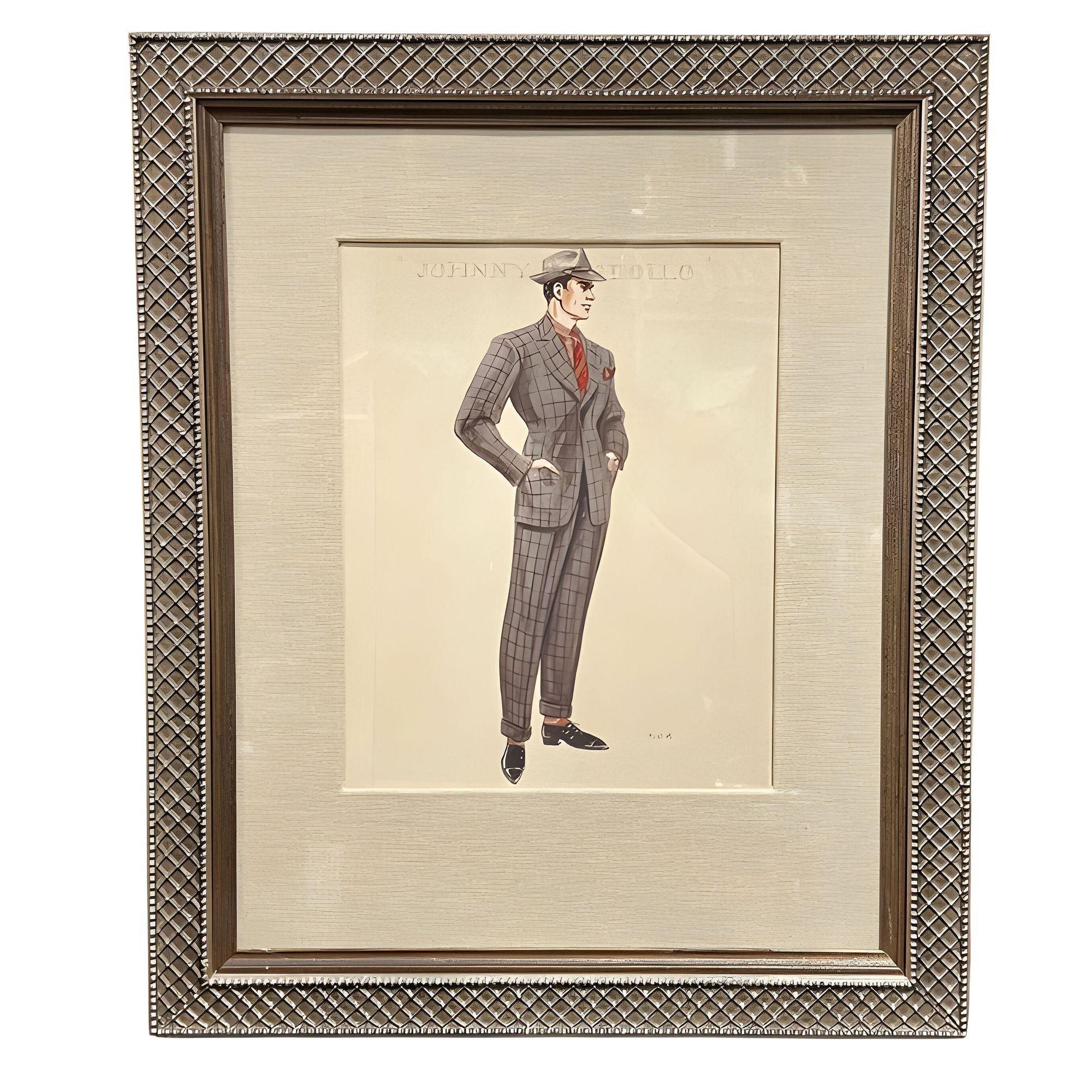 Paire de lithographies de l'âge d'or d'Hollywood. L'une d'entre elles est une esquisse de costume de couture d'Edith Head représentant Aubrey Hepburn pour le film Sabrina de 1954. Une autre esquisse pour le personnage de Bob Cain dans le classique