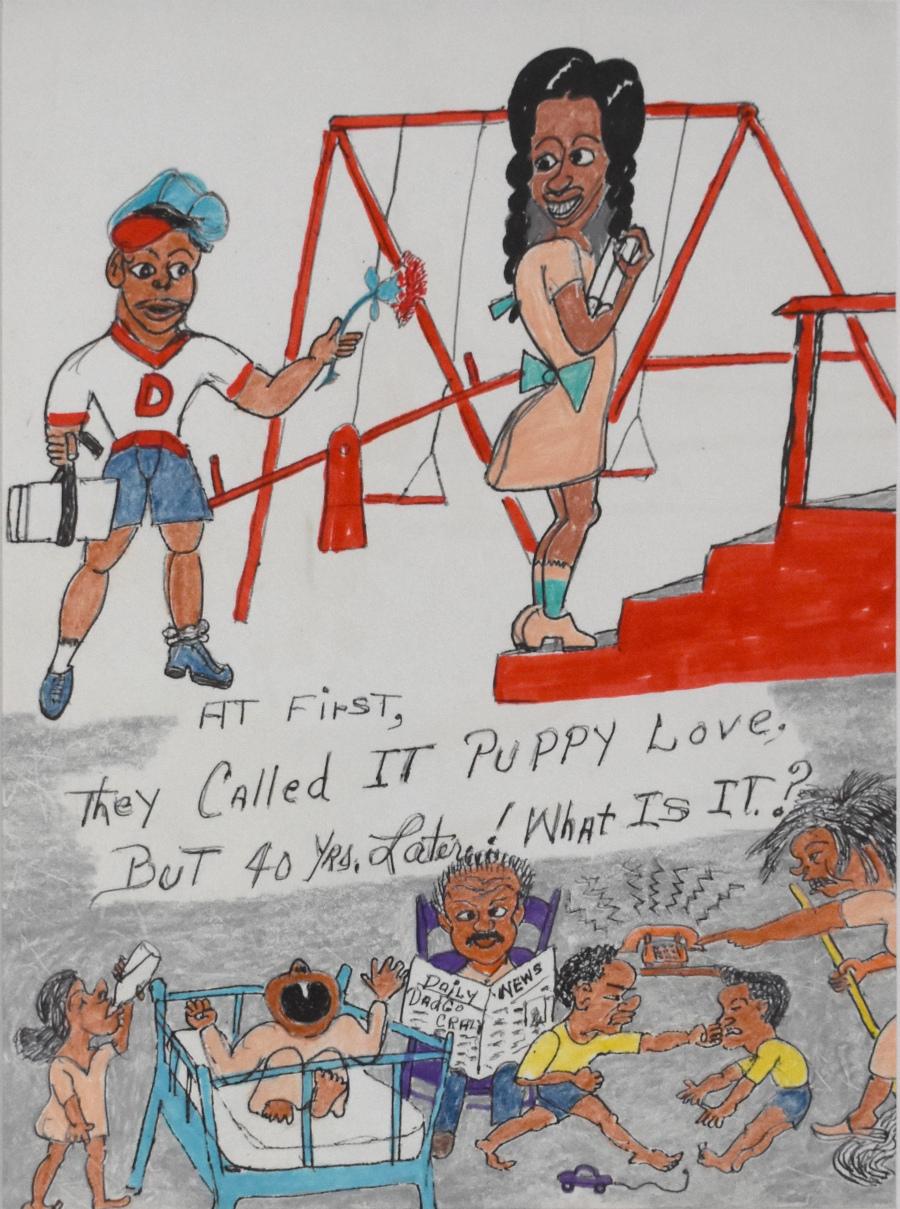 „PUPPY LOVE“ SCHWARZES FOLK ARTIST FROM SAN ANTONIO TEXAS (1912-1988) (Volkskunst), Mixed Media Art, von Johnny Banks