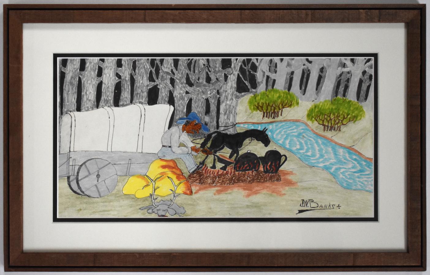 "ROADSIDE CAMPOUT" BLACK FOLK ARTIST MULTIMEDIA - Mixed Media Art de Johnny Banks