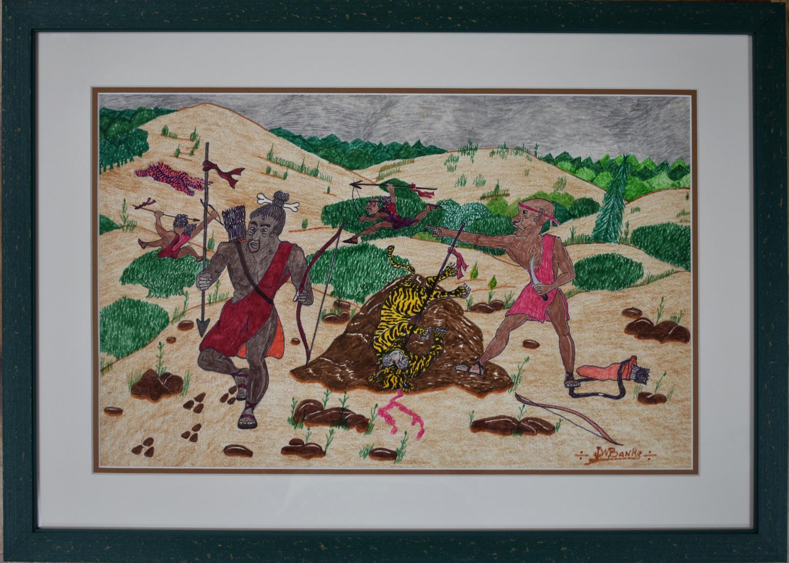« The Safari Hunt for the Man Eating Tiger » (La chasse au Safari pour l'homme qui mange du tigre) - Artiste populaire noir de San Antonio au Texas  - Painting de Johnny Banks
